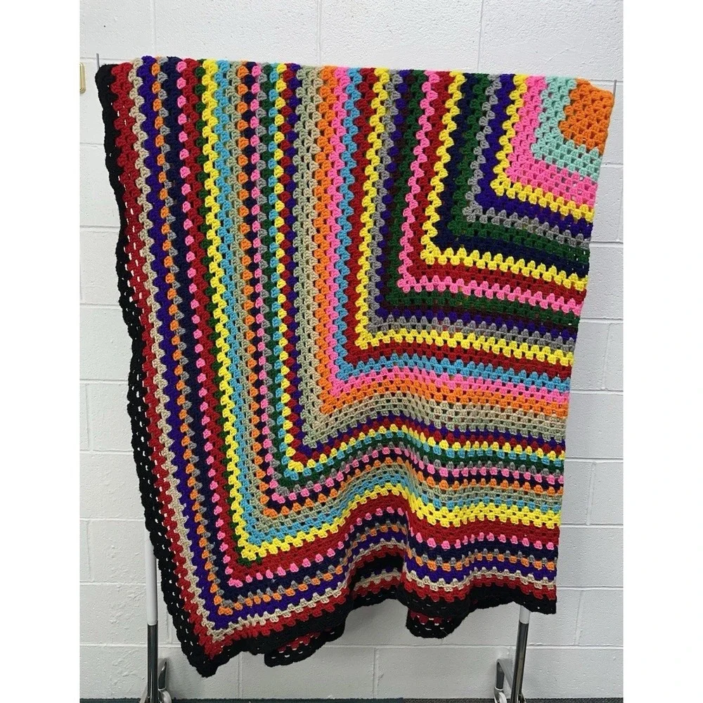 Handmade Crochet Granny Square Afghan Blanket Multicolor‎ Retro Boho Throw 84x84